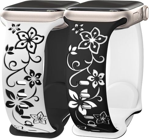 Floral Engraved Bands Compatible with Apple Watch Band 41mm 40mm 45mm 44mm 38mm 42mm 49mm Women, Soft Silicone Cute Two-Tone Fancy Flower Sport Strap for iWatch Series SE 9 8 7 6 5 4 3 2 1 Ultra 2 in Saudi Arabia