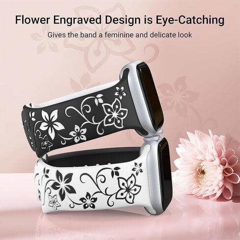 Floral Engraved Bands Compatible with Apple Watch Band 41mm 40mm 45mm 44mm 38mm 42mm 49mm Women, Soft Silicone Cute Two-Tone Fancy Flower Sport Strap for iWatch Series SE 9 8 7 6 5 4 3 2 1 Ultra 2 in Saudi Arabia