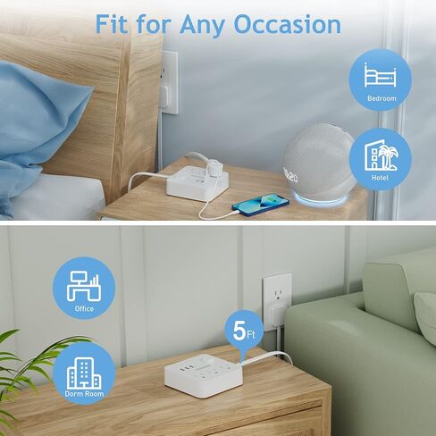 Flat Plug Power Strip, Thin Extension Cord 5 Ft, Multi Plug Extender with 3 Outlets 3 USB, Compact Wall Plug for Home Office Travel and Dorm Room Essentials in Saudi Arabia