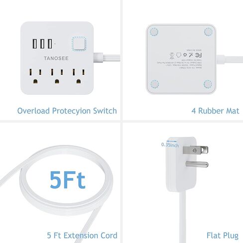 Flat Plug Power Strip, Thin Extension Cord 5 Ft, Multi Plug Extender with 3 Outlets 3 USB, Compact Wall Plug for Home Office Travel and Dorm Room Essentials in Saudi Arabia