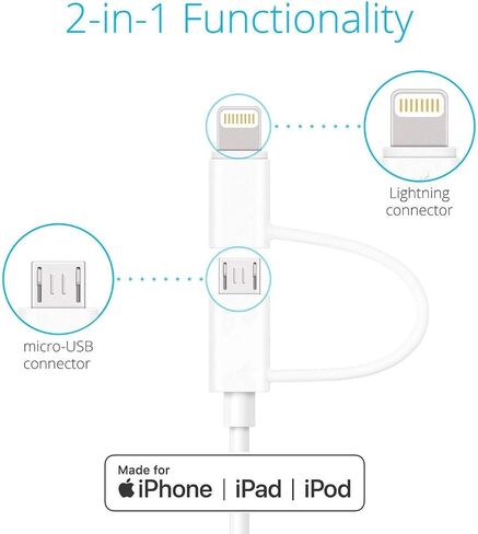 Apple MFi Certified 2 in 1 iPhone Charger Lightning Cable and Micro USB to USB Charger Cord, Compatible iPhone X, 8, 8 Plus,7 Plus, Android Data Cable 2 in 1 White(3 FT) in Saudi Arabia