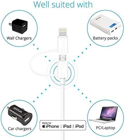 Apple MFi Certified 2 in 1 iPhone Charger Lightning Cable and Micro USB to USB Charger Cord, Compatible iPhone X, 8, 8 Plus,7 Plus, Android Data Cable 2 in 1 White(3 FT) in Saudi Arabia