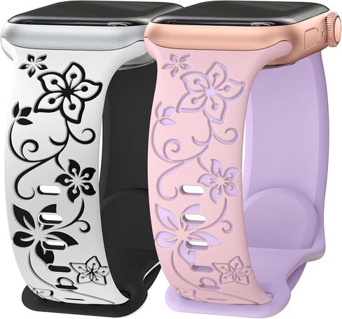 Floral Engraved Bands Compatible with Apple Watch Band 41mm 40mm 45mm 44mm 38mm 42mm 49mm Women, Soft Silicone Cute Two-Tone Fancy Flower Sport Strap for iWatch Series SE 9 8 7 6 5 4 3 2 1 Ultra 2 in Saudi Arabia