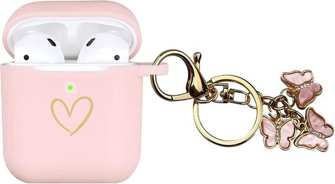 Compatible with AirPods Case Cover, Soft Silicone Case with Gold Heart Pattern for AirPods 2&1 Generation Case with Cute Butterfly Keychain for Girls Women (Black) in Saudi Arabia