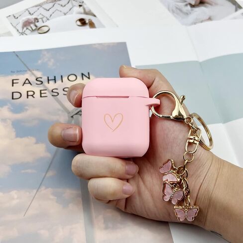 Compatible with AirPods Case Cover, Soft Silicone Case with Gold Heart Pattern for AirPods 2&1 Generation Case with Cute Butterfly Keychain for Girls Women (Black) in Saudi Arabia