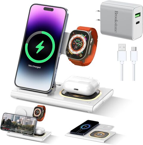 قاعدة شحن لاسلكية Brookstone 3 في 1 لأجهزة Apple iPhone وWatch وAirPods iPhone 15 14 13 12 11 Pro Max/Plus/Mini/X/XS/Max/XR/SE، Apple Watch Ultra Series 9 8 7 6 SE 5 4 & ايربودز برو 2 3 اسود in Kuwait