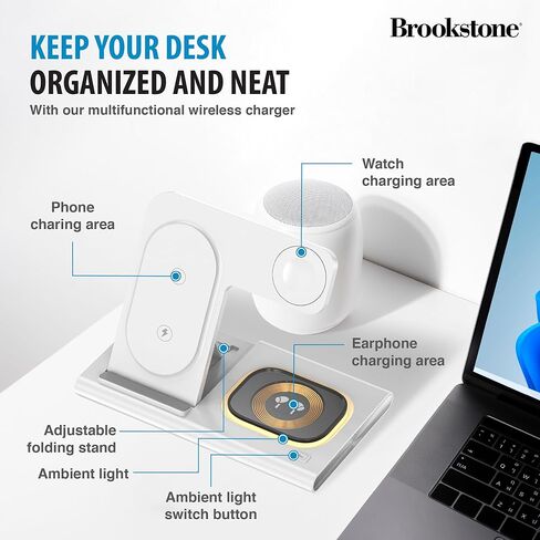 قاعدة شحن لاسلكية Brookstone 3 في 1 لأجهزة Apple iPhone وWatch وAirPods iPhone 15 14 13 12 11 Pro Max/Plus/Mini/X/XS/Max/XR/SE، Apple Watch Ultra Series 9 8 7 6 SE 5 4 & ايربودز برو 2 3 اسود in Kuwait