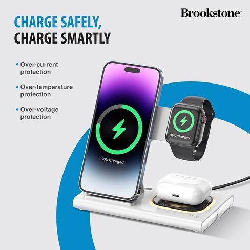 قاعدة شحن لاسلكية Brookstone 3 في 1 لأجهزة Apple iPhone وWatch وAirPods iPhone 15 14 13 12 11 Pro Max/Plus/Mini/X/XS/Max/XR/SE، Apple Watch Ultra Series 9 8 7 6 SE 5 4 & ايربودز برو 2 3 اسود in Kuwait