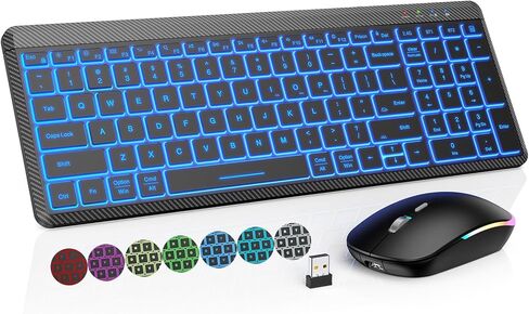 لوحة مفاتيح لاسلكية وإضاءة خلفية للماوس من SABLUTE، لوحة مفاتيح بلوتوث لاسلكية متعددة الأجهزة قابلة لإعادة الشحن رفيعة ومحمولة، قم بالتبديل حتى 3 أجهزة، ماوس صامت RGB، لأجهزة Mac وWindows وiOS وAndroid والكمبيوتر المحمول in Kuwait