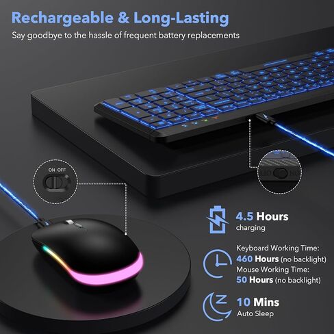 لوحة مفاتيح لاسلكية وإضاءة خلفية للماوس من SABLUTE، لوحة مفاتيح بلوتوث لاسلكية متعددة الأجهزة قابلة لإعادة الشحن رفيعة ومحمولة، قم بالتبديل حتى 3 أجهزة، ماوس صامت RGB، لأجهزة Mac وWindows وiOS وAndroid والكمبيوتر المحمول in Kuwait