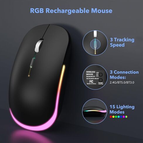 لوحة مفاتيح لاسلكية وإضاءة خلفية للماوس من SABLUTE، لوحة مفاتيح بلوتوث لاسلكية متعددة الأجهزة قابلة لإعادة الشحن رفيعة ومحمولة، قم بالتبديل حتى 3 أجهزة، ماوس صامت RGB، لأجهزة Mac وWindows وiOS وAndroid والكمبيوتر المحمول in Kuwait