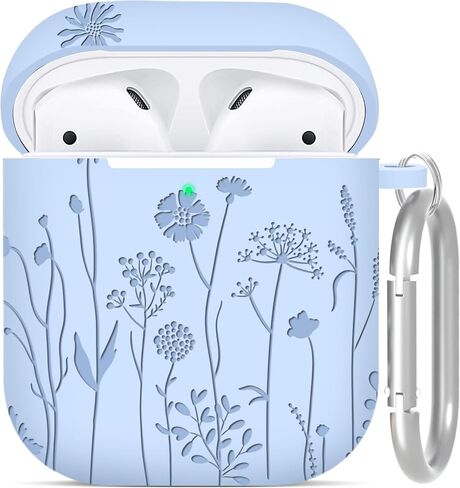Compatible with AirPods 2nd/1st Generation Case, Soft Silicone Flower Engraved Protective Skin with Keychain for Apple AirPod 2&1, Front LED Visible, Light Green in Saudi Arabia