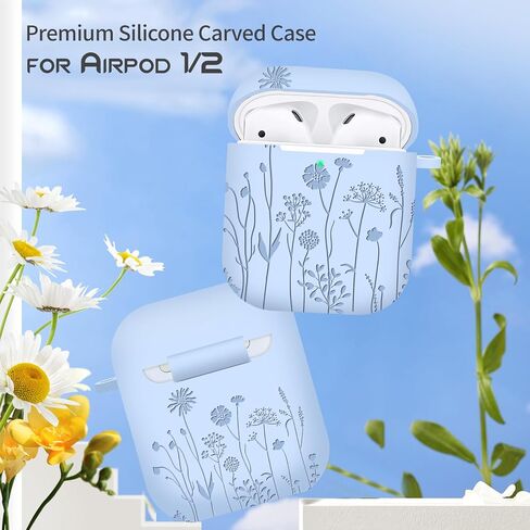 Compatible with AirPods 2nd/1st Generation Case, Soft Silicone Flower Engraved Protective Skin with Keychain for Apple AirPod 2&1, Front LED Visible, Light Green in Saudi Arabia