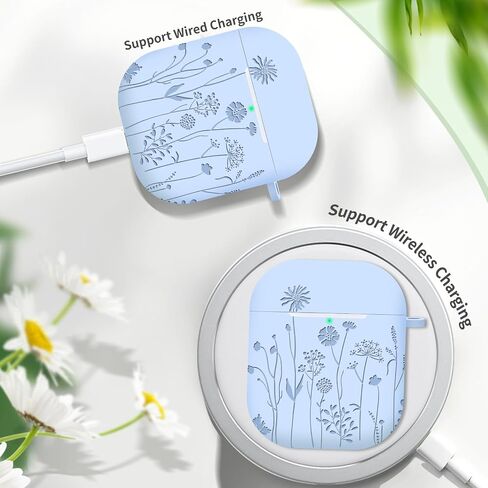 Compatible with AirPods 2nd/1st Generation Case, Soft Silicone Flower Engraved Protective Skin with Keychain for Apple AirPod 2&1, Front LED Visible, Light Green in Saudi Arabia