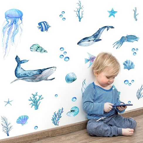 Marine Animal Wall Stickers, Sea Fish Whale Jellyfish Seaweed Wall Decals Ocean Self-Adhesive Mural Removable Wall Art Sticker for Baby Nursery Kids Bedroom Playroom Daycare Classroom Decor in Saudi Arabia
