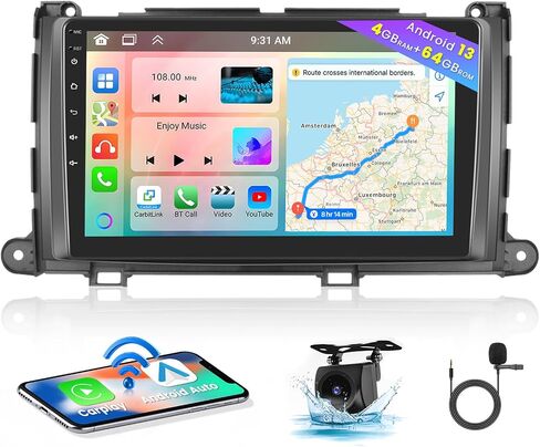 ستيريو سيارة Android 13 لسيارة Toyota Sienna 2011-2014 مع Apple Carplay اللاسلكي، 8 Core 4+64G 9 بوصة IPS شاشة لمس راديو السيارة GPS Navigation WiFi 59UI 32EQ DSP كاميرا احتياطية in Saudi Arabia