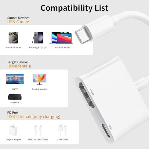 سلك USB C إلى HDMI لجهاز iPhone 15 إلى التلفزيون، محول شاشة مزامنة الفيديو والصوت بدقة 1080 بكسل، محول AV رقمي مع منفذ شحن لهاتف iPhone 15Pro/15 Plus/15 Pro Max، MacBook Pro/Air 2023، iPad Pro، iMac، S23، XPS 17 in Saudi Arabia