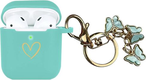 Compatible with AirPods Case Cover, Soft Silicone Case with Gold Heart Pattern for AirPods 2&1 Generation Case with Cute Butterfly Keychain for Girls Women (Black) in Saudi Arabia