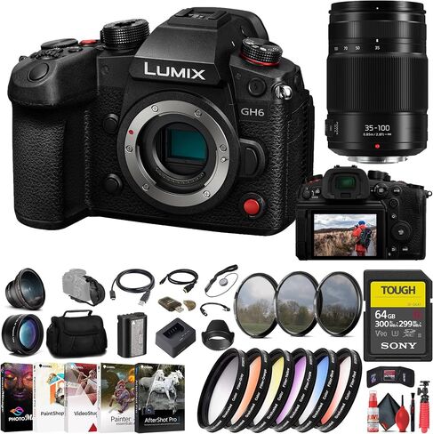 Panasonic Lumix GH6 Mirrorless Camera (DC-GH6BODY) + Panasonic 35-100mm Lens + Sony 64GB TOUGH SD Card + Color Filter Kit + Filter Kit + Wide Angle Lens + Telephoto Lens + Lens Hood + More in Saudi Arabia