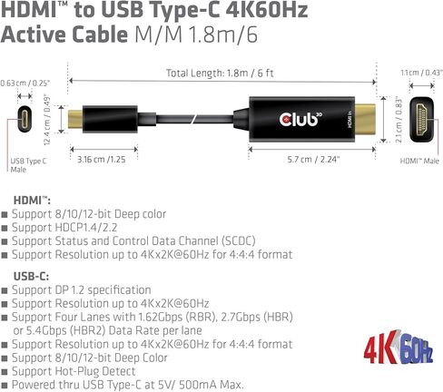Club 3D CAC-1334 HDMI 2.0 إلى USB Type C 4K60 هرتز M/M كابل نشط 1.8 متر - 6 قدم لأنظمة ماك in Saudi Arabia