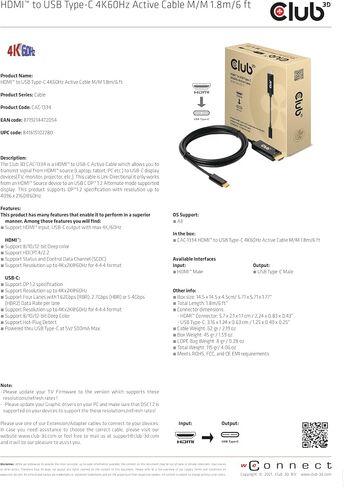 Club 3D CAC-1334 HDMI 2.0 إلى USB Type C 4K60 هرتز M/M كابل نشط 1.8 متر - 6 قدم لأنظمة ماك in Saudi Arabia