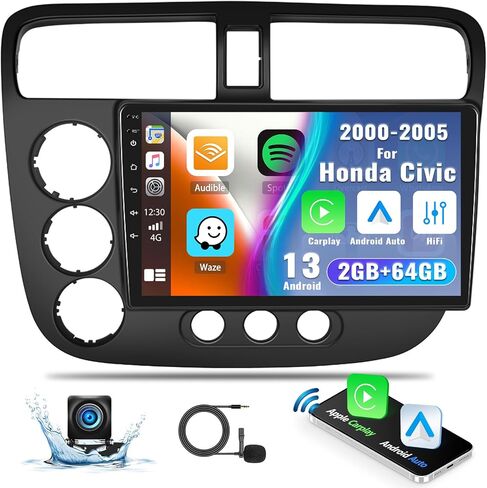 2G+64G Android 13 Car Stereo Radio for Honda Civic 2000-2005, Wireless Carplay&Android Auto, 9" Touch Screen in-Dash GPS Navigation with Bluetooth FM Car Radio WiFi/HiFi/USB+AHD Backup Camera Mic in Saudi Arabia
