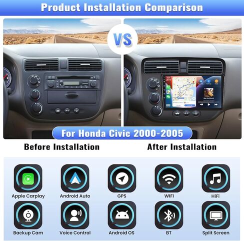 2G+64G Android 13 Car Stereo Radio for Honda Civic 2000-2005, Wireless Carplay&Android Auto, 9" Touch Screen in-Dash GPS Navigation with Bluetooth FM Car Radio WiFi/HiFi/USB+AHD Backup Camera Mic in Saudi Arabia