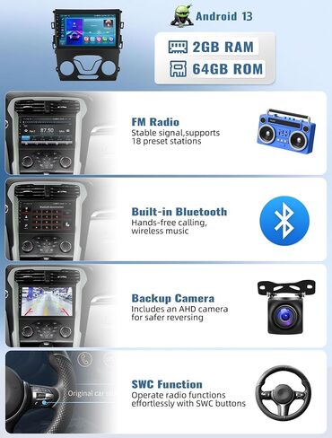 [2G+64G] ستيريو سيارة Android 13 لراديو Ford Fusion Ford Mondeo 2013-2019، لاسلكي Apple CarPlay Andriod Auto Bluetooth 9 بوصة نظام تحديد المواقع العالمي (GPS) وحدة رأسية WiFi Mirror Link FM/RDS SWC + ميكروفون كاميرا احتياطية in Saudi Arabia