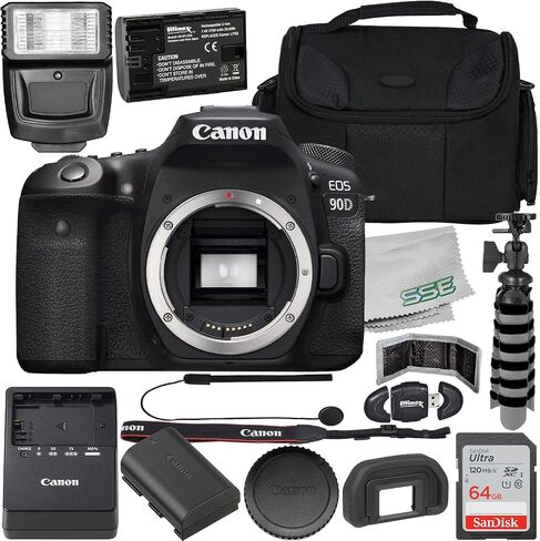 كاميرا Canon EOS 90D DSLR (الهيكل فقط) مع حزمة ملحقات للمبتدئين - تتضمن: SanDisk Ultra 64GB SDXC، فلاش رقمي، بطارية بديلة ممتدة العمر، حقيبة أدوات مقاومة للماء والمزيد (متجددة) in Saudi Arabia