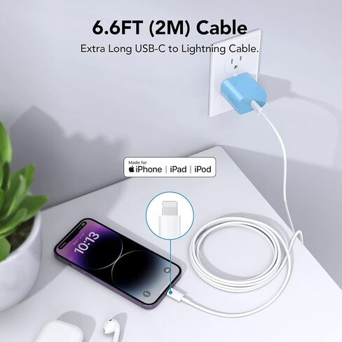 Fast Charger for iPhone [Apple MFi Certified] High Speed iPhone Wall Charger 2-Pack with 6.6FT USB C Lightning Cable-SkyBlue in Saudi Arabia