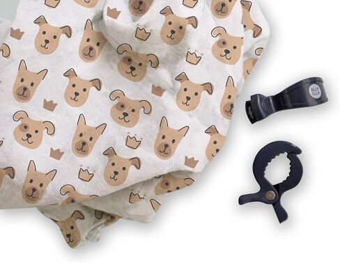 Muslin Blanket with Stroller Clips Gift Set | Breathable Lightweight Organic Cotton Muslin Swaddle with 2 Clips | Cute Puppy Pattern | Baby Boys & Girls | Newborn to 2 Yrs in Saudi Arabia