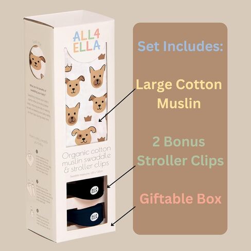 Muslin Blanket with Stroller Clips Gift Set | Breathable Lightweight Organic Cotton Muslin Swaddle with 2 Clips | Cute Puppy Pattern | Baby Boys & Girls | Newborn to 2 Yrs in Saudi Arabia