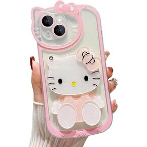 Cute Cartoon Case for iPhone 13 6.1 inch, 3D Bow Kawaii Pink Cartoon Cat Case with Face Makeup Mirror for Women Girls Soft Silicone Clear Protective Phone Cover for iPhone 13, Pink