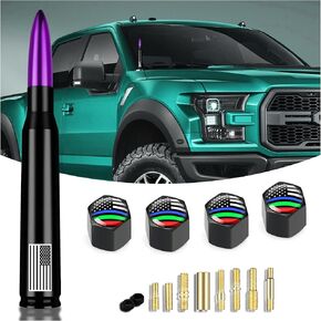 Car Bullet Antenna with Valve Stem Caps - US Flag Design Fit Good for AM/FM Radio,Truck Antenna Topper Replacement for Ford F150 F250 Dodge Ram GM Chevy(Purple)