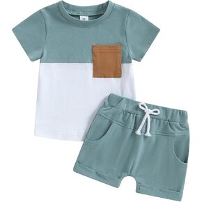 Toddler Baby Boys Summer Outfit Color Block Short Sleeve T-shirt Tops Elastic Waist Shorts Set Infant 2Pcs Clothes