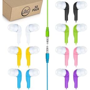 Bulk Earbuds Jelly Roll | 30 Pack of Colorful in-Ear Earbuds, Wired Earphones for Smartphones & Laptop, Disposable Headphones for Kids & Adults, Assorted Colors