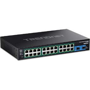 TRENDnet 26-Port Hardened Industrial Gigabit PoE+ Rackmount Switch, TI-RP262, 24 x Gigabit PoE+ Ports, 2 x Gigabit SFP Ports, Lifetime Protection, Black