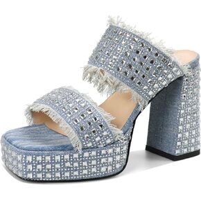 Women's Heeled Mules Denim Platform Heels High Chunky Heel Slip on Square Toe Rhinestones Tassels Slippers Pumps Shoes