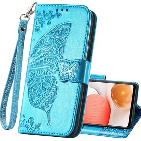 HAOTP Moto G Pure Wallet Case - Embossed Butterfly Flower, PU Leather Flip Stand, Card Slots & Wrist Strap - Purple