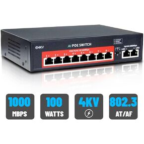 【1000 Mbps】WESECUU 8 Port PoE Switch (8 PoE Ports + 2 Ethernet Uplink Ports), 802.3 af/at, Plug & Play, 120W, AI Watchdog, Extend to 250m &1000/100/10 Mbps with Sturdy Metal Case for Wide Application in Kuwait