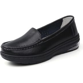 Ladies Air Cushion Slip On Nurse Shoes-Casual Leather Comfort Air Cushion Low Heel Loafers Lightweight Non-Slip Moccasin Walking Shoes (White,6)