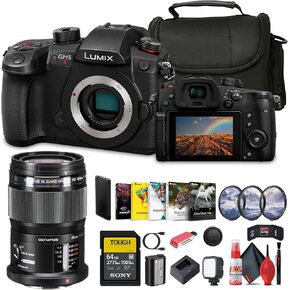 Panasonic Lumix GH5 II Mirrorless Four Thirds Camera with Added Olympus 12-60mm Lens + 64 GB Memory Card + P-Bank Battery + Carry Case + Cleaning Kit + Art Studio Software + More