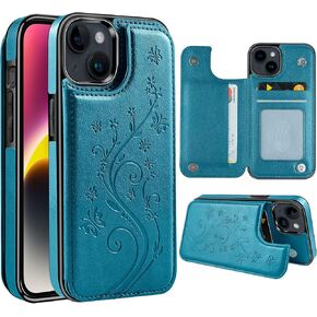 Korecase for iPhone 14 Pro Max Wallet Case Premium Embossed Butterfly Flower Credit Card Slots Double Magnetic Buttons Flip Shockproof Protective Cover for Girl - Mint Green