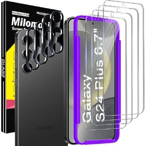 Milomdoi 4 Pack Screen Protector for Samsung Galaxy S24 Plus 6.7 Inch with 4 Pack Tempered Glass Camera Lens Protector, Ultra 9H Accessories, Case Friendly, Mounting Frame, 2.5D curved, transparent
