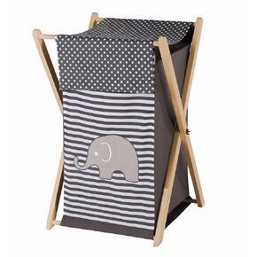 Bacati Elephants Unisex Hamper Cover with Natural Finish Wood Frame and Mesh Liner, Grey