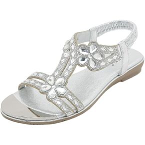 Meeshine Women's Ankle Strap Rhinestone Flat Sandals Casual Flower Beaded Bohemian Comfortable Beach Dressy Shoes