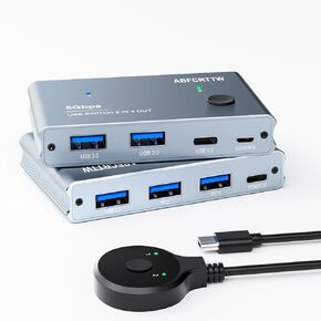 USB 3.0 Switch 2 in 4 Out with USB-C Port, Aluminum USB Switcher for 2 Computers with 5ft Extended Controller, USB Switch Selector with Two 3.3ft A to A Cables