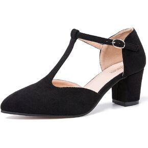 Enelauge Women's T-Strap Mary Jane Pumps Pointed Toe Ankle Strap Buckle Chunky Block Heel D'Orsay Sandals Dress Shoes