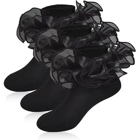 Girls Ruffle Socks Frilly Double Lace Socks Black Frilly Socks Cotton Turn Cuff Socks Toddler Pageant Socks