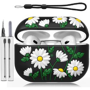 Airpod Pro 2nd Generation Case,Daisy Engraved Cute Airpod Case Cover with Cleaner Kit and Lanyard,Soft Silicone Skin Full Cover Compatible with Airpod Pro 2 2023,2021,Front LED Visible, Black